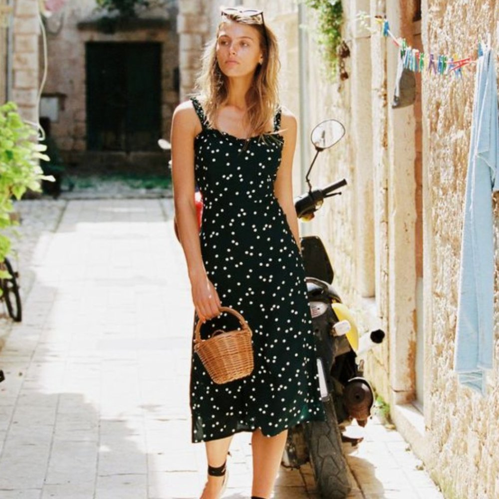 Faithfull the Brand Green Polka Dot Midi Dress Tie Back